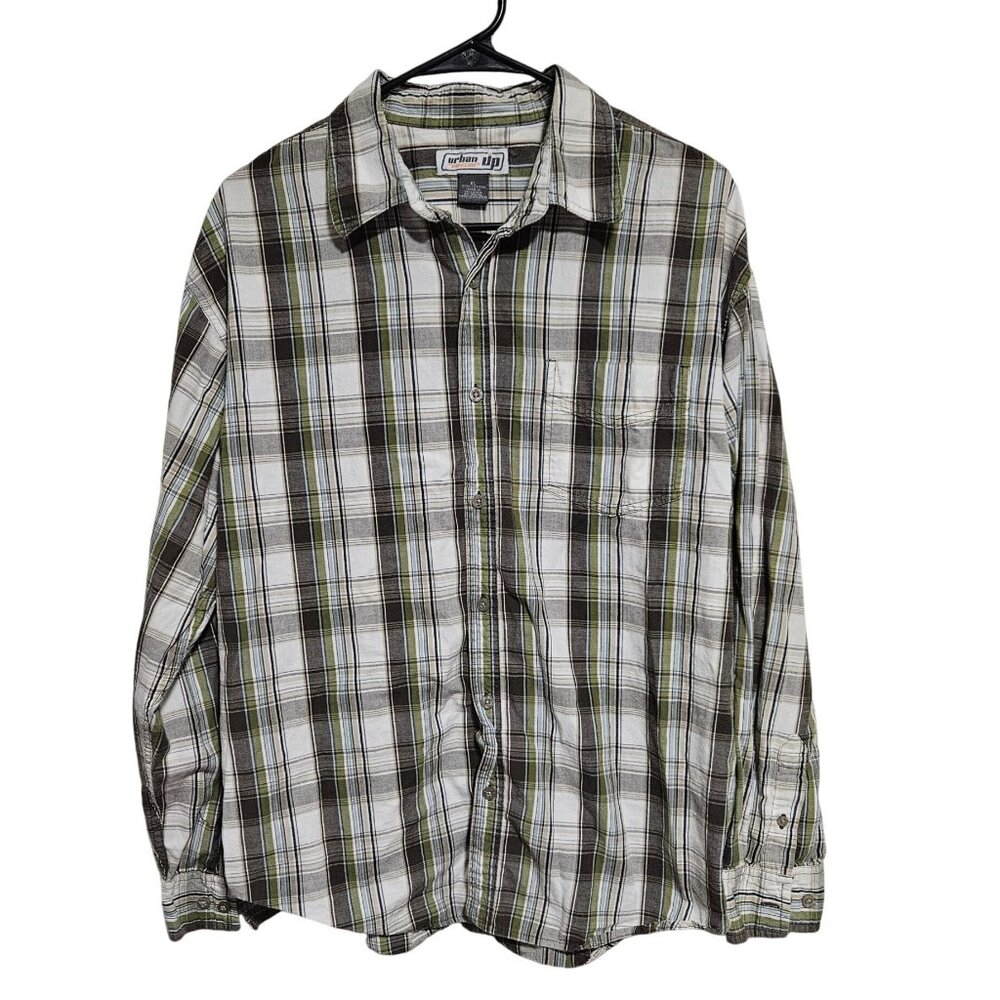 Urban Pipeline Plaid Button Up Shirt Mens Size XL Green Brown Long Sleeve Cotton